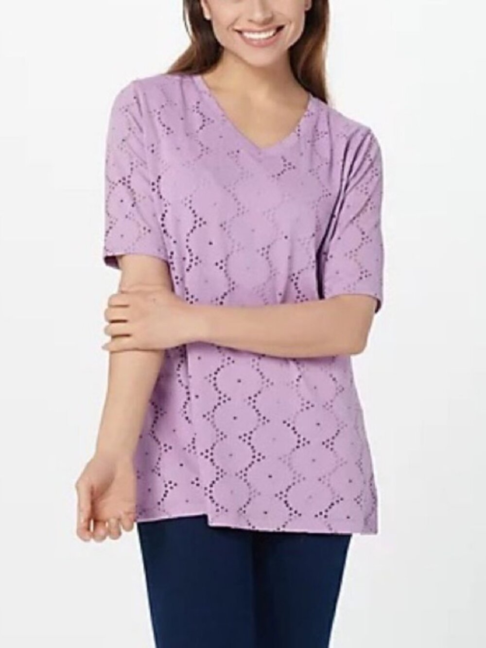 Isaac Mizrahi Knit Eyelet Rounded Swing Elbow Sleeves Top